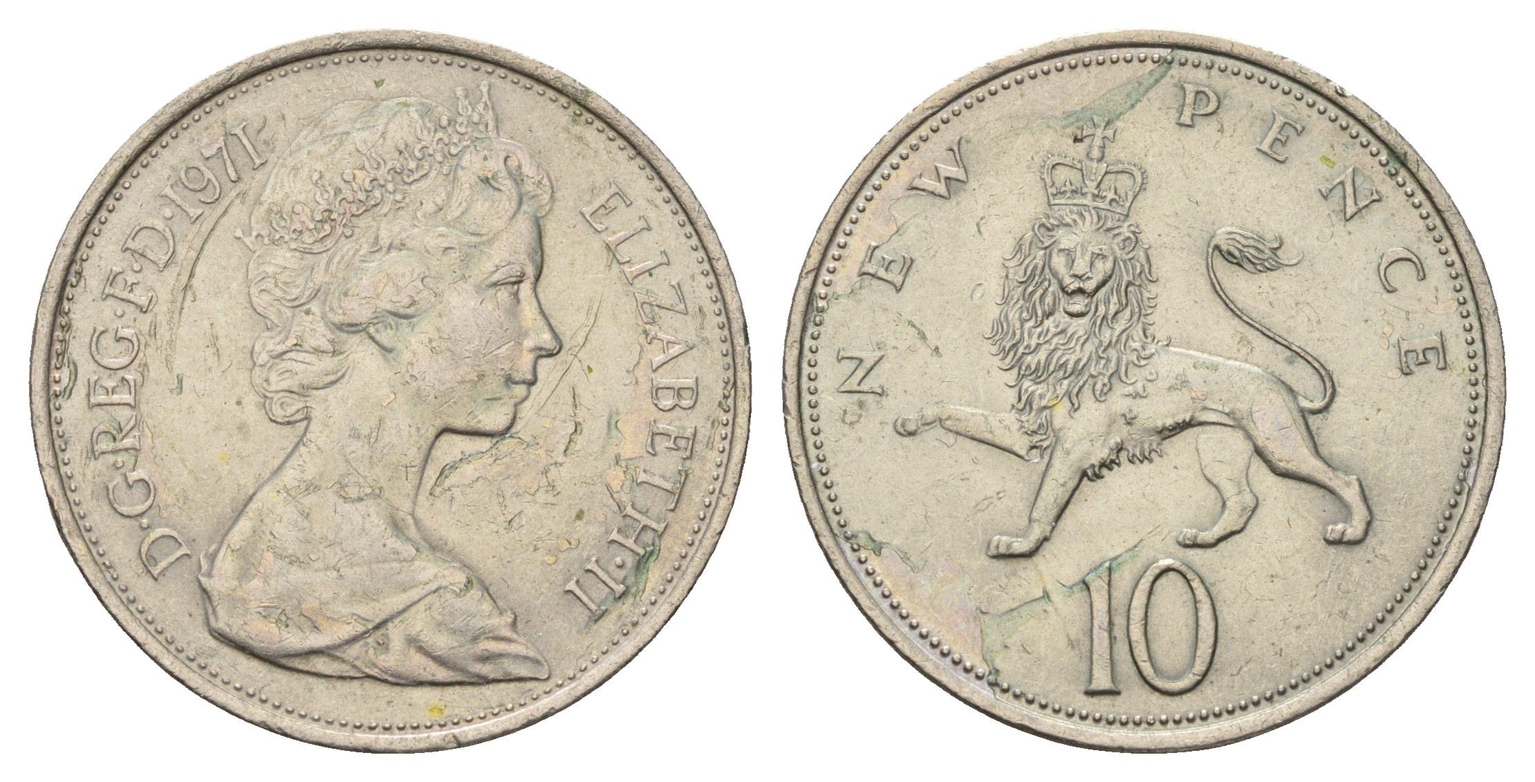 Великобритания 10 новых пенсов 1971 Елизавета II (1952-2022) KM 912, Spink 4231 (F1) медно-никель 4140-441