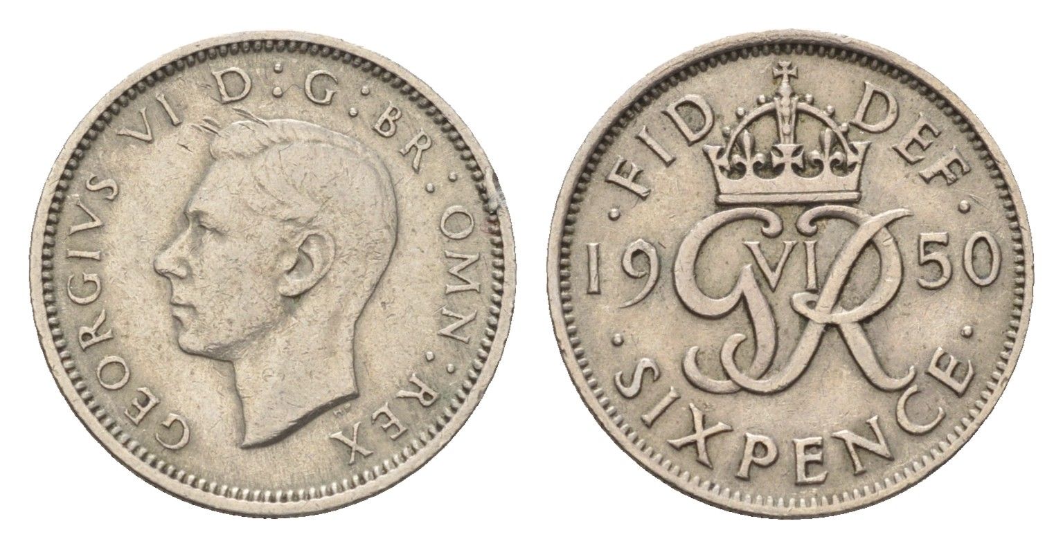 Великобритания 6 пенсов 1950 Георг VI (1936-1952) KM 875, Spink 4110 медно-никель 4643-958