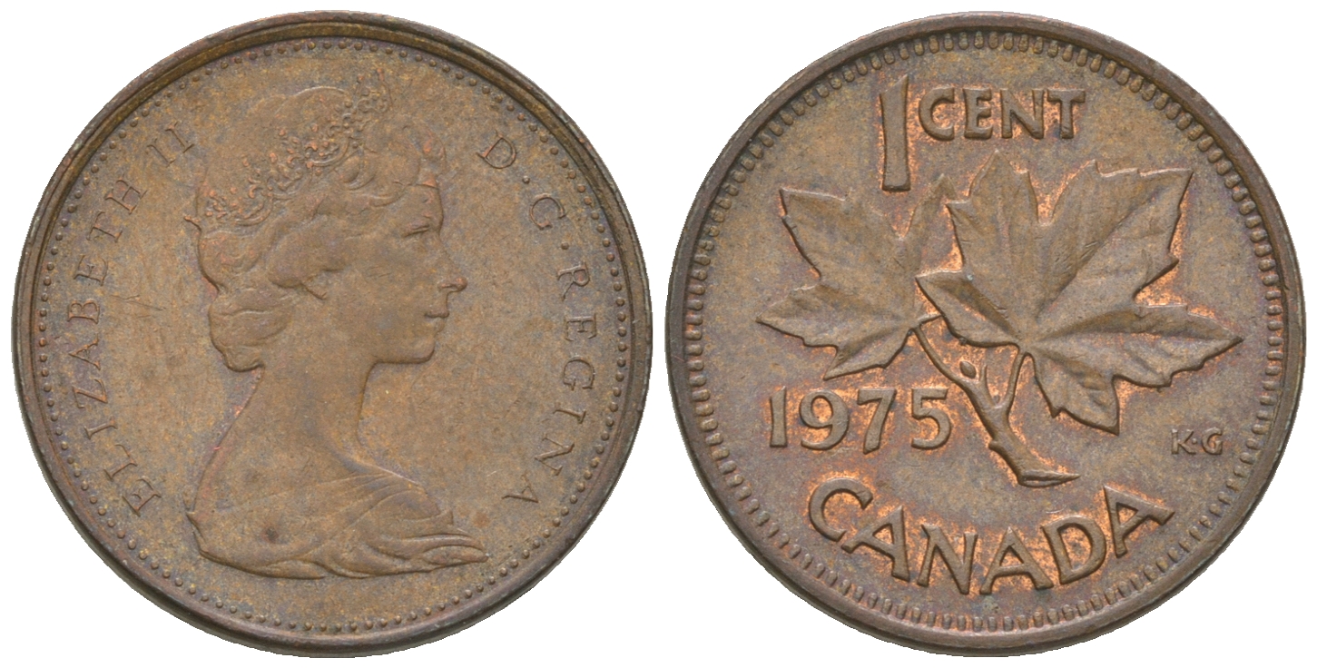 Канада 1 цент 1975 Елизавета II (1952-2022), кленовый лист KM 59.1 бронза 4164-623