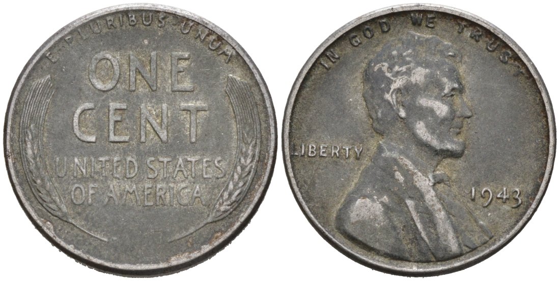 США 1 цент 1943 Авраам Линкольн KM 132а сталь плакированная цинком 46-918