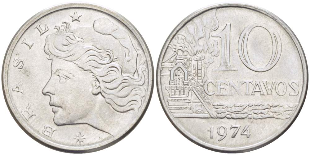 БРАЗИЛИЯ 10 СЕНТАВО 1974 KM 578.1а нержавеющая сталь 4529-356