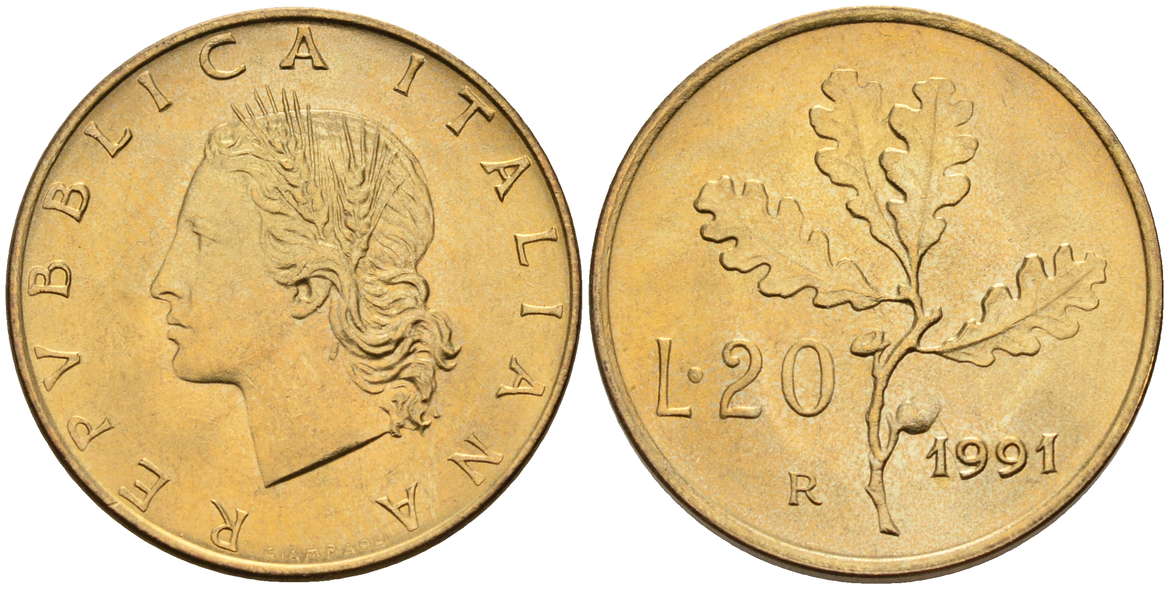 Италия 20 лир 1991 R, дубовый лист KM 97.2 алюминиевая бронза  UNC  4594-857