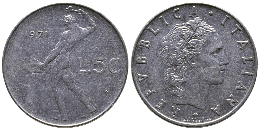 Италия 50 лир 1971 R, бог огня Вулкан у наковальни KM 95.1 нержавеющая сталь 85-157