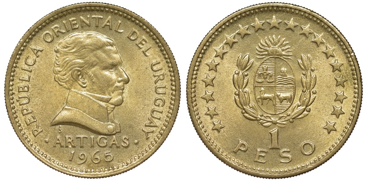 Уругвай 1 песо 1965 KM 46 алюминиевая бронза 106-1123