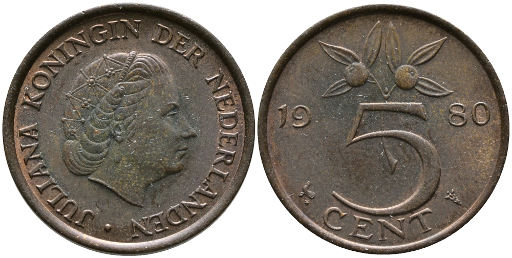 Нидерланды 5 центов 1980 Юлиана (1948-1980) KM 181 бронза 98-314