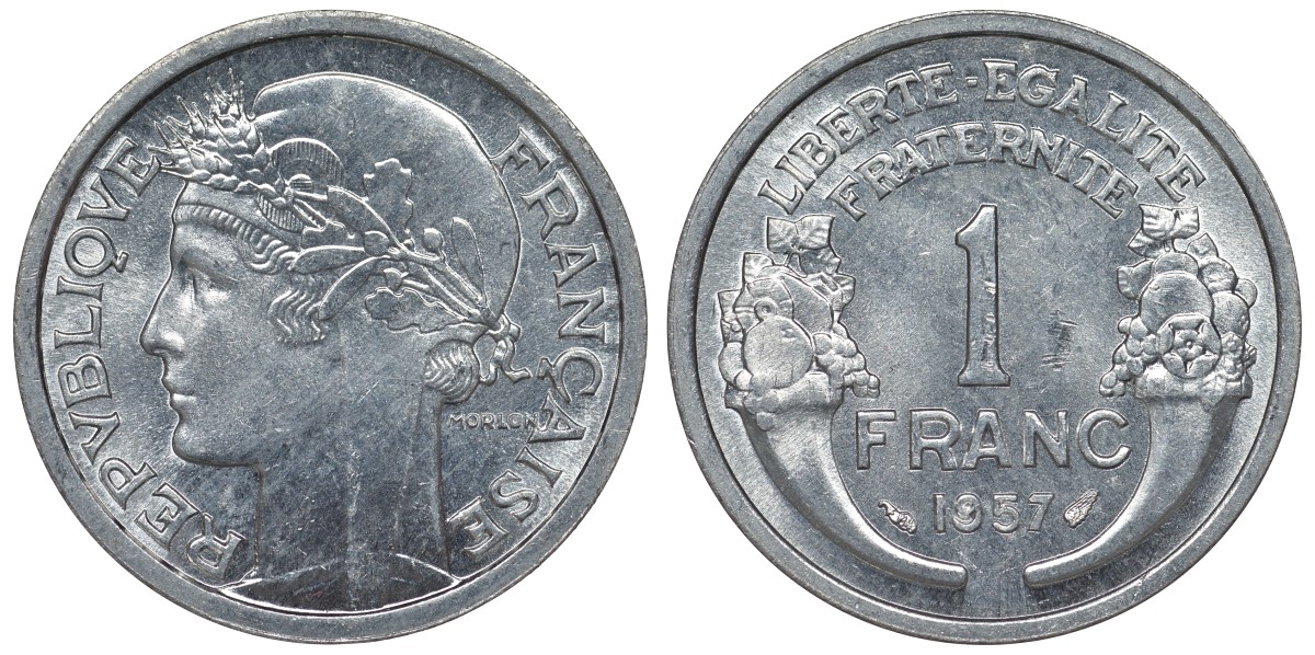 Франция 1 франк 1957 тип Morlon KM 885а.1, Le Franc 221.19 алюминий 4128-334