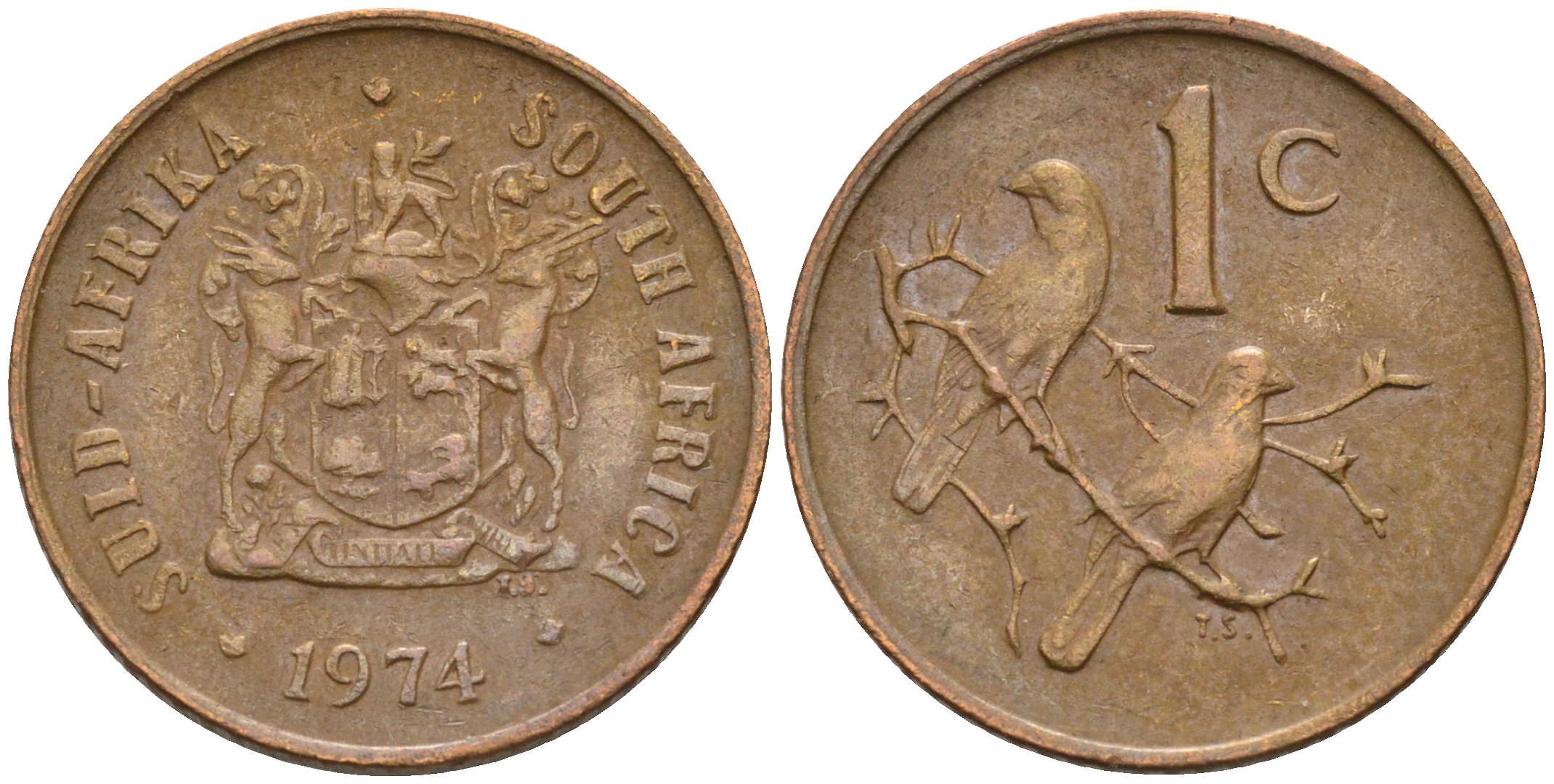 ЮАР 1 цент 1974 герб, капские воробьи KM 82 бронза 4115-167