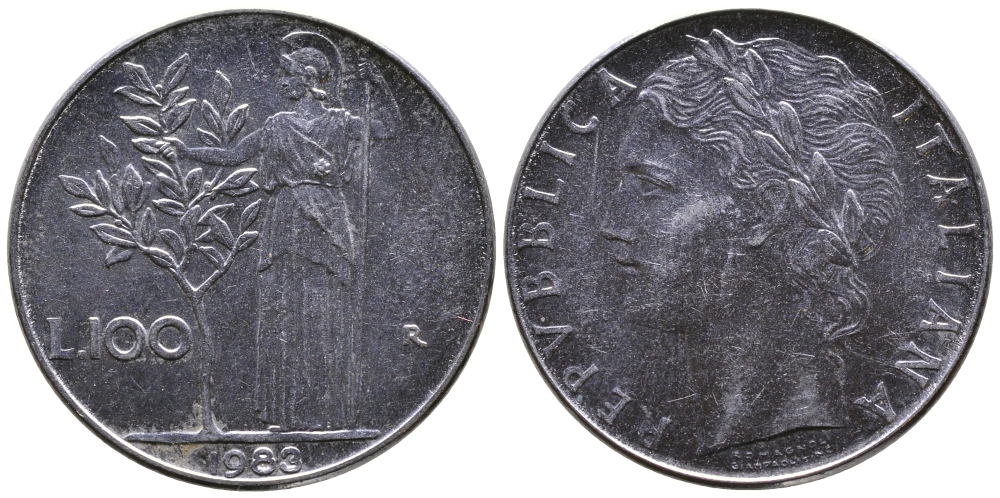 Италия 100 лир 1983 R, Афина в доспехах KM 96.1 нержавеющая сталь 259-652