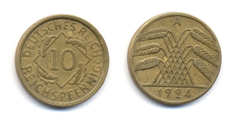 ГЕРМАНИЯ 10 РЕЙХСПФЕННИГОВ 1924 A, KM 40, J. 317 алюминиевая бронза 35-512