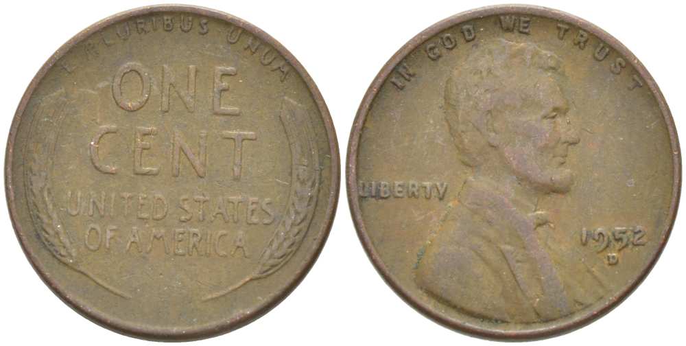 США 1 ЦЕНТ 1952 D, ЛИНКОЛЬН KM А132 медь цинк 218-622