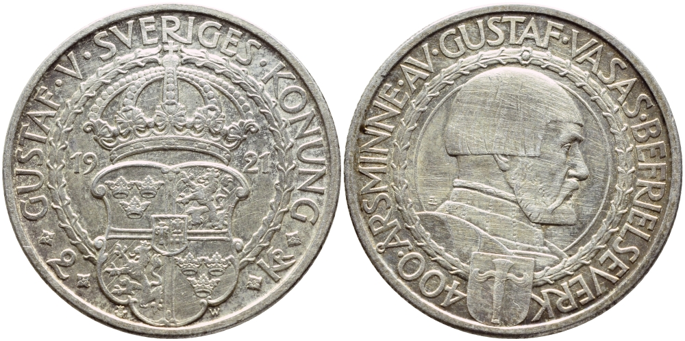 Швеция 2 кроны 1921 W, Густав V (1907-1950), 400 лет политических свобод KM 799 серебро 1530-1125