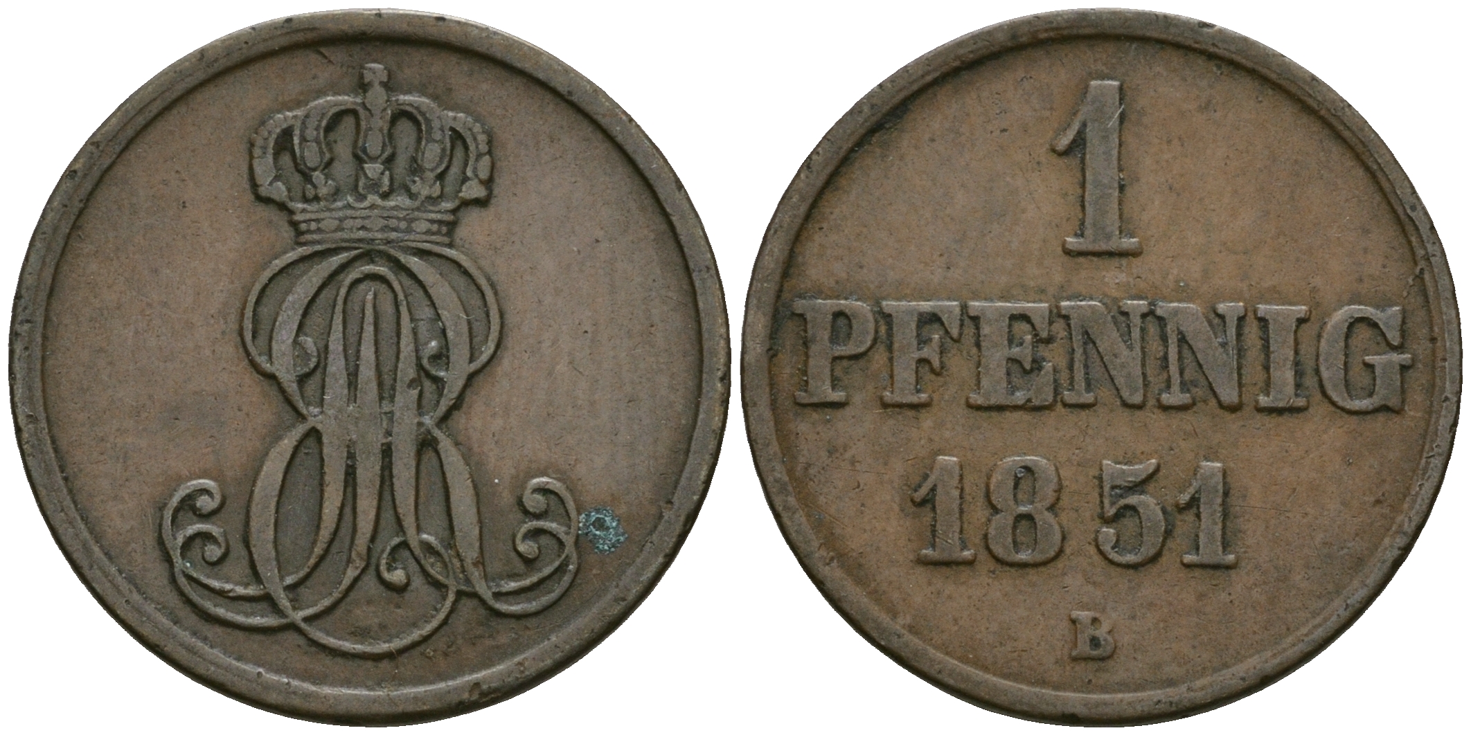 Ганновер 1 пфенниг 1851 B, Эрнст Август (1837-1851) KM 201.1, AKS 129, J. 74 медь 4608-1118