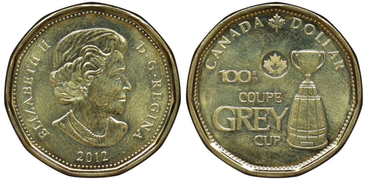 Канада 1 доллар 2012 100-ый кубок Грея (чемпионат канадской футбольной лиги) KM 1295 никель плакированный бронзой UNC 4542-1243