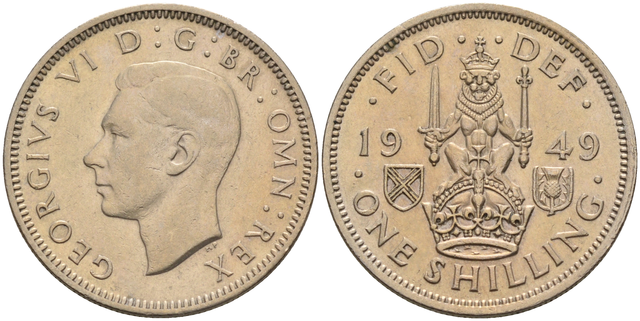 Великобритания 1 шиллинг 1949 Георг VI (1936-1952), Шотландский герб KM 877, Spink 4109 медно-никель 4589-1017