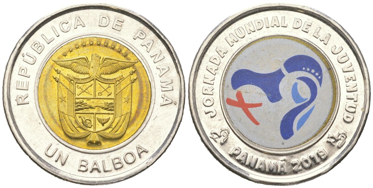 Панама 1 бальбоа 2019 Всемирный день молодёжи, цветное покрытие KM?169 биметалл UNC 4364-3756