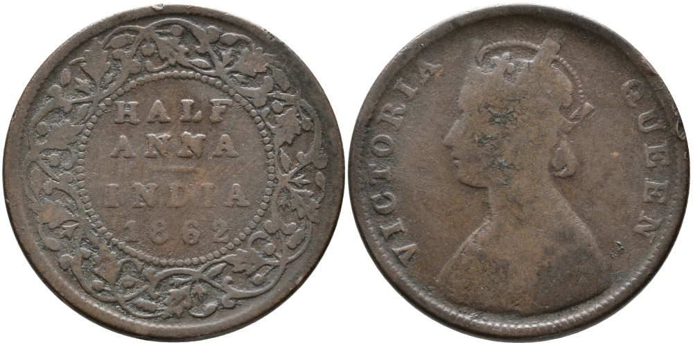 Британская Индия 1/2 анна 1862 Виктория (1837-1901) KM 468 медь 32-116