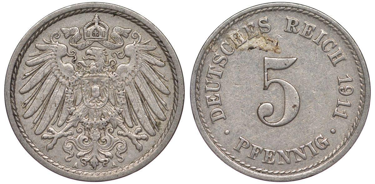 Германия 5 пфеннигов 1911 E KM 11, Jager 12, Weege 6 медно-никель 25-1713