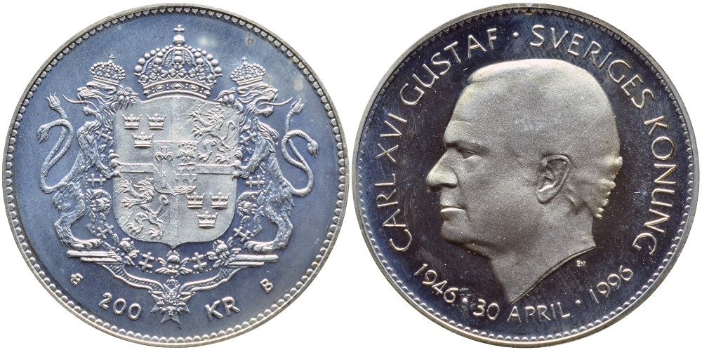 Швеция 200 крон 1996 Карл XVI Густав (1973- ), 50 лет королю Карлу XVI Густаву KM 888 серебро BUNC 1072-5-53