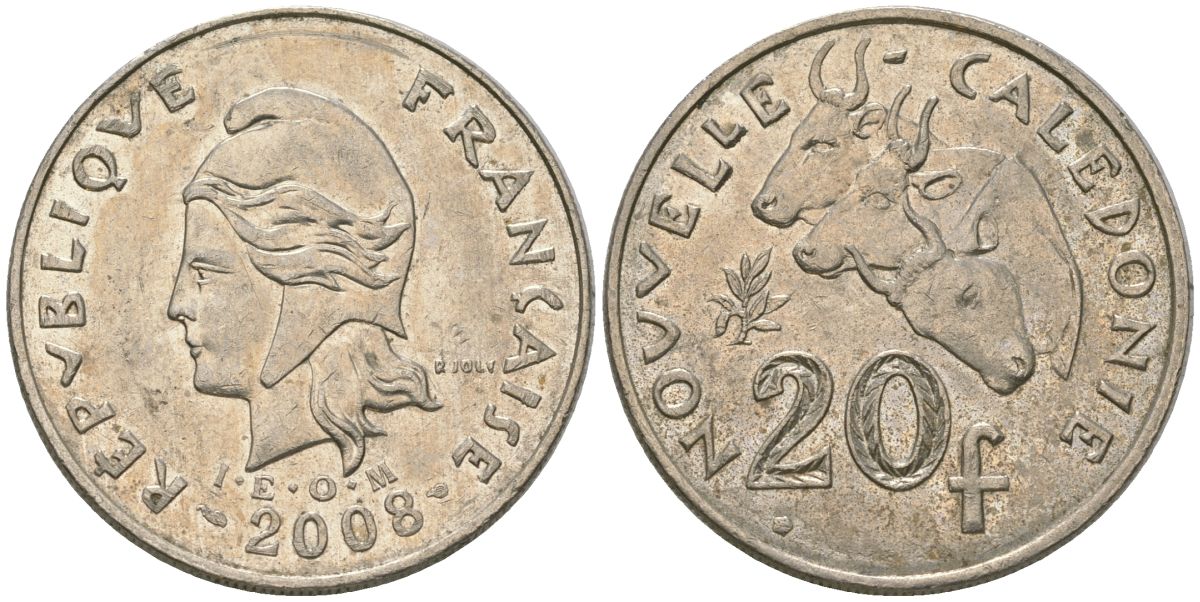 Французская Новая Каледония 20 франков 2008 три быка, (IEOM) KM 12a, Schoen 14a медно-никель 4131-933