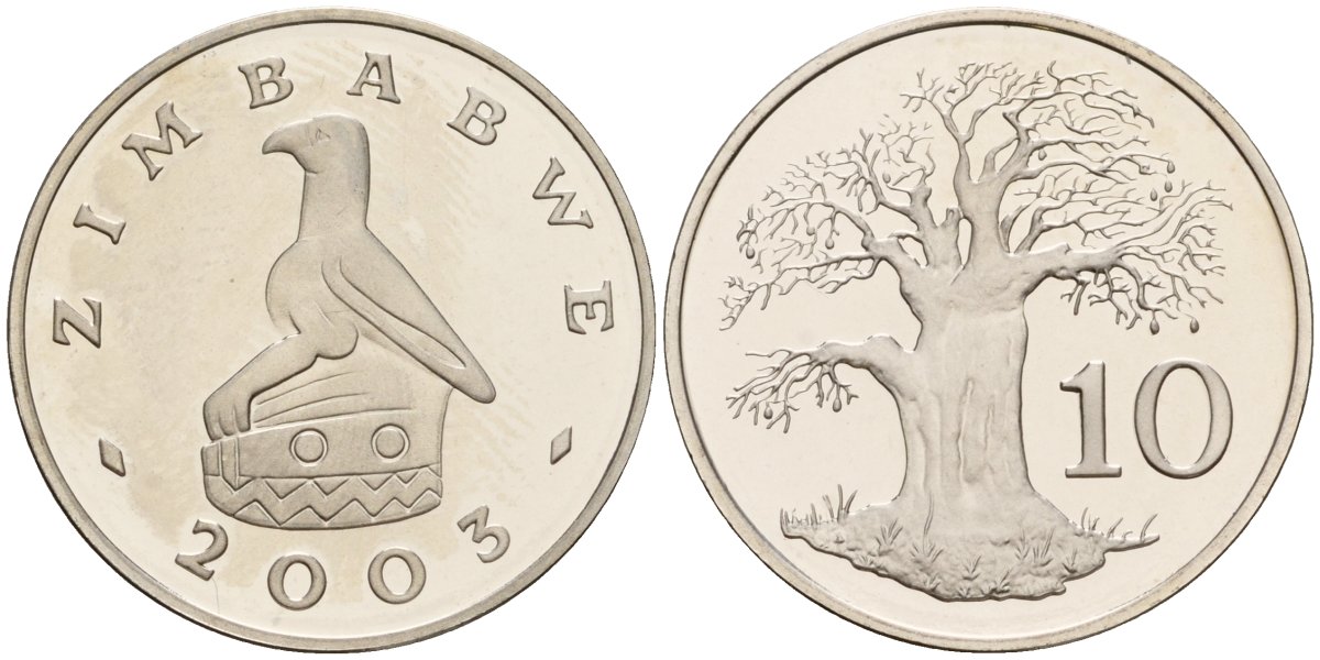 Зимбабве 10 центов 2003 птица-идол, баобаб KM 3a никелированная сталь PROOF 3711-525