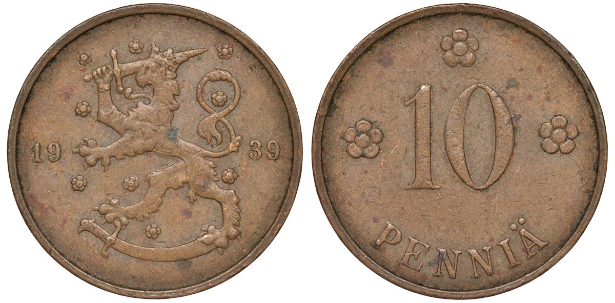 Финляндия 10 пенни 1939 KM 24 медь 51-3127