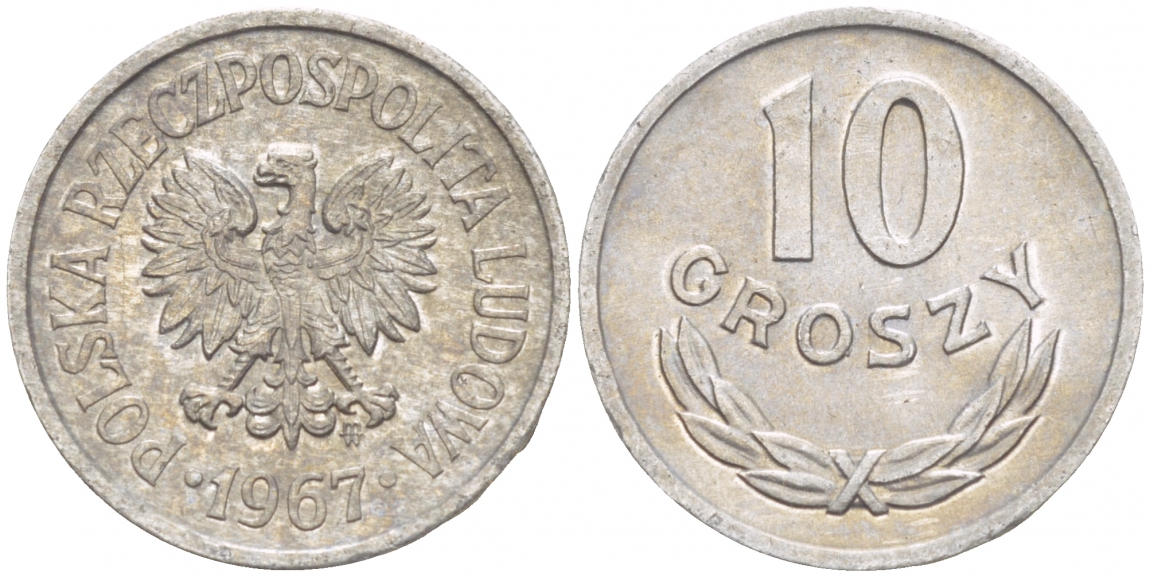 Польша 10 грошей 1967 MW KM AA47, Parchimowicz 206f алюминий 4549-262