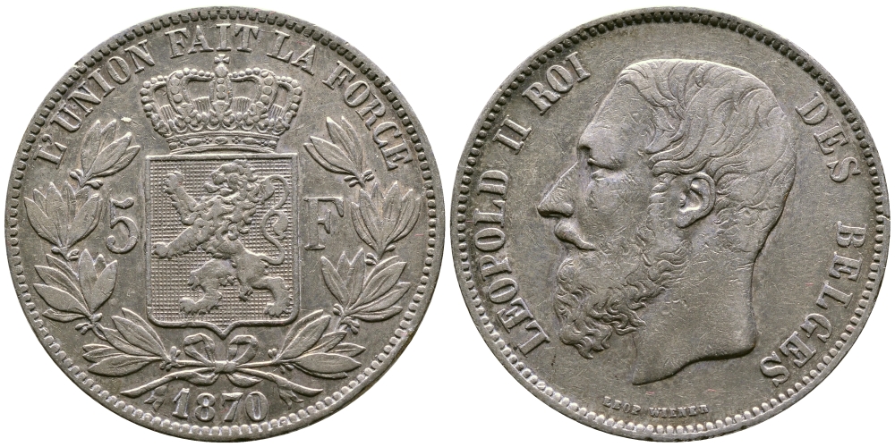 Бельгия 5 франков 1870 Леопольд II (1865-1909) KM 24  серебро    00-1067-9-53