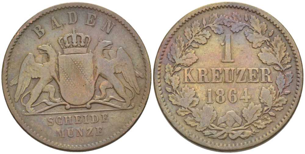 Баден 1 крейцер 1864 Великий Герцог Фридрих I (1856-1907) КМ 242 медь 117-834