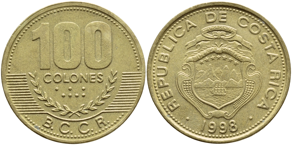 Коста-Рика 100 колон 1998 B.C.C.R. KM 230а латунь 4185-111