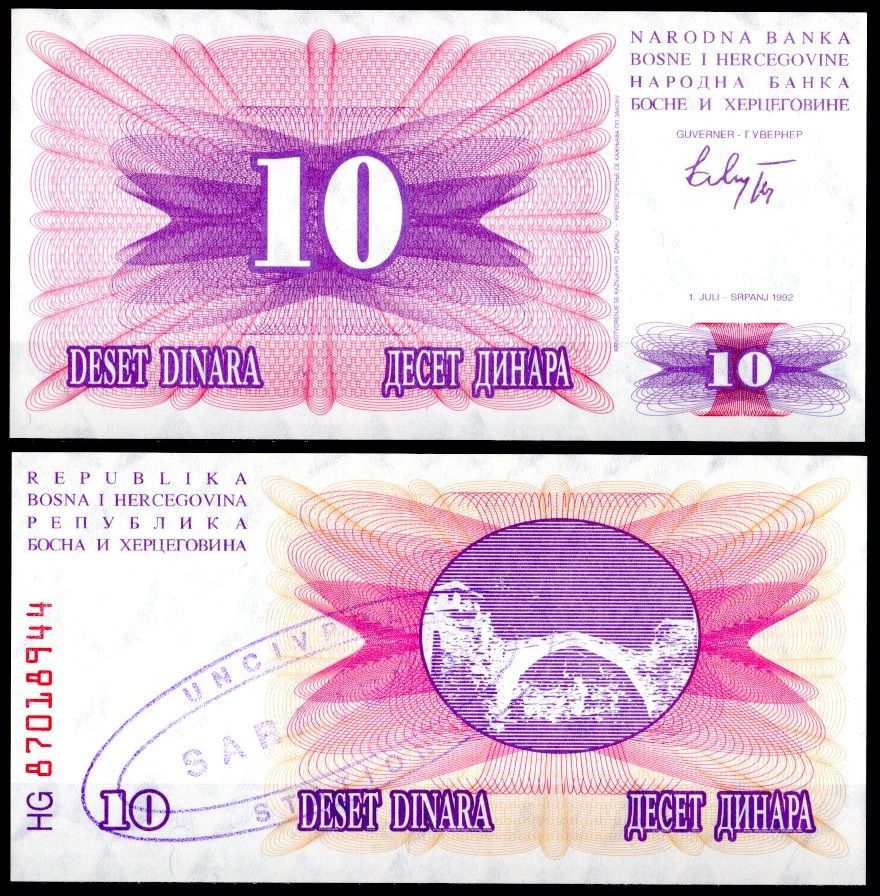 Босния и Герцеговина 10 динар 1992 Надпечатка UNCIVPOL-Гражданская полиция ООН в Сараево Pick 10 бумага UNC (пресс) 2119-32-3-2