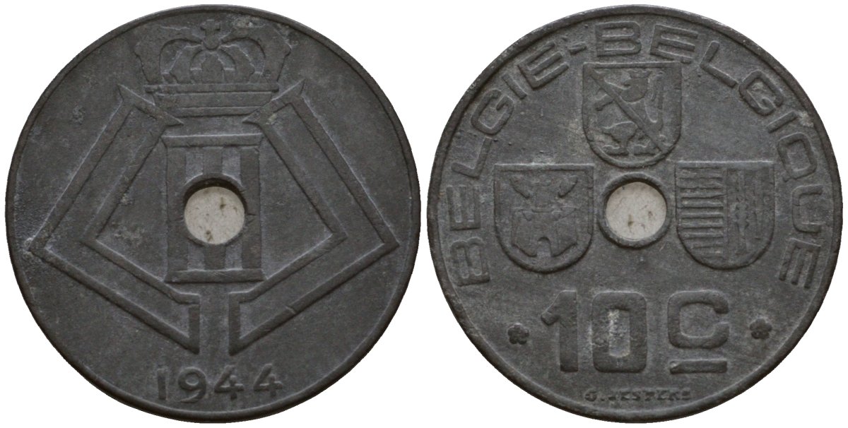 Бельгия 10 сантимов 1944 Belgie - Belgique, Леопольд III (1934-1947), германская оккупация, Вторая мировая война KM 126 цинк 4601-625