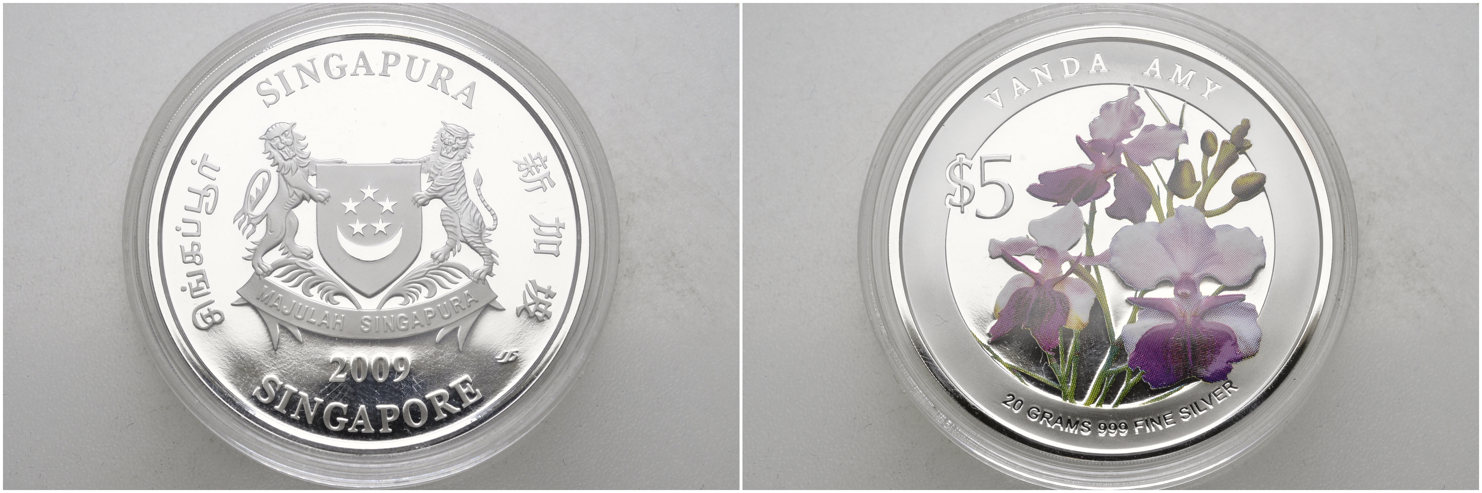 Сингапур 5 долларов 2009 орхидея Ванда, цветная эмаль KM 302 серебро  PROOF  11-146-22