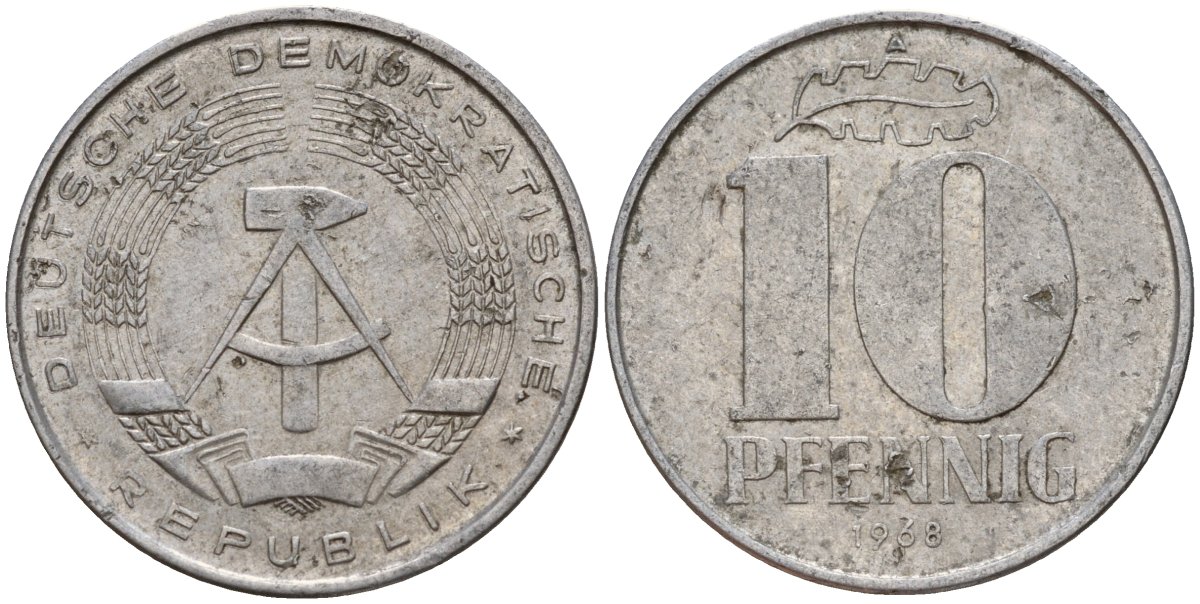 ГДР 10 пфеннигов 1968 A KM 10 алюминий 28-952