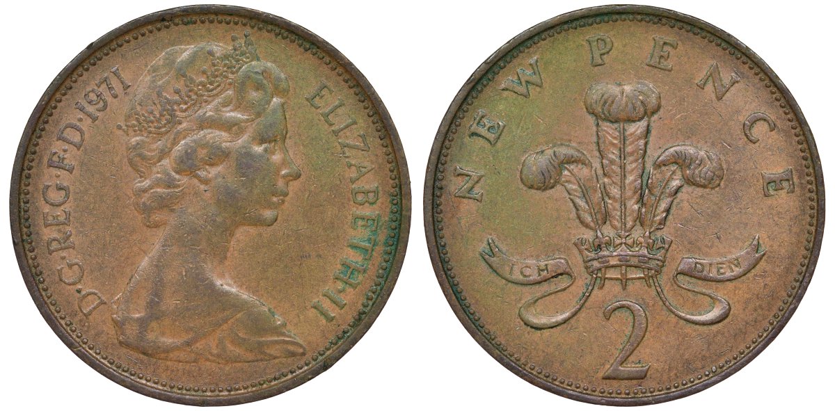 Великобритания 2 пенса 1971 Елизавета II (1952-2022) KM 916, Spink 4235 (C1) бронза 72-234