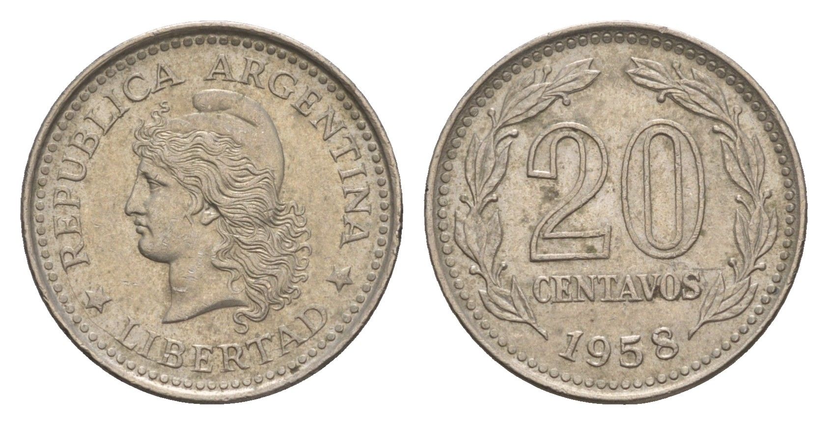 Аргентина 20 сентаво 1958 KM 55 сталь плакированная никелем 4655-1031