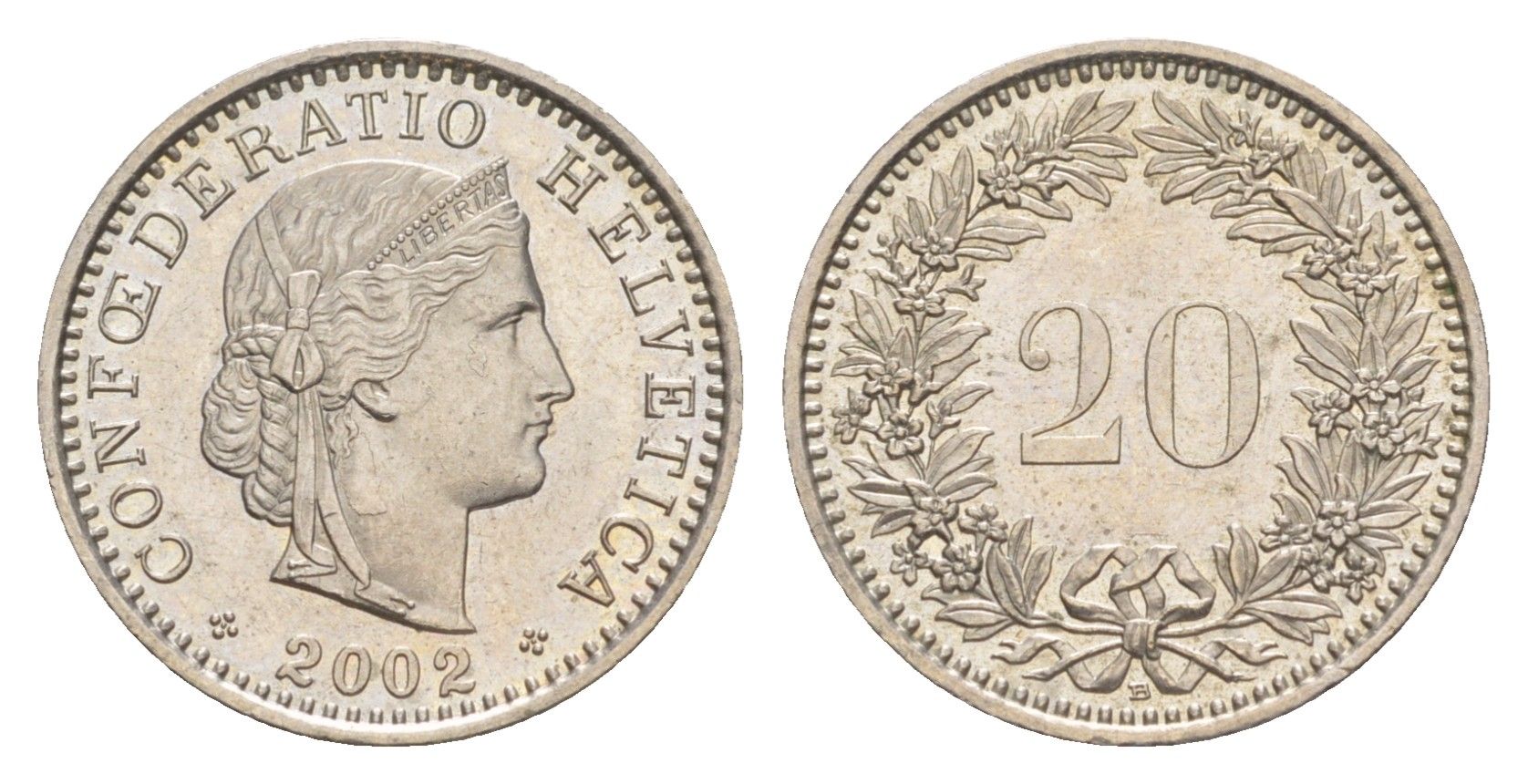 Швейцария 20 раппенов 2002 B KM 29a медно-никель UNC 4623-616