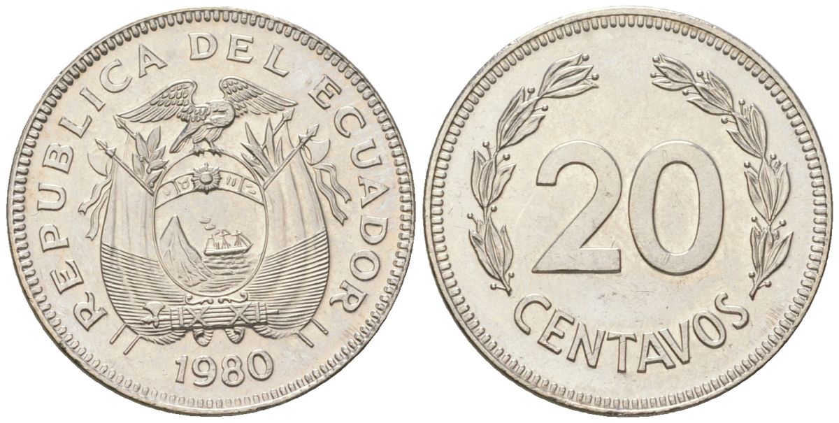 Эквадор 20 сентаво 1980 KM 77.2a сталь плакированная никелем aUNC 4611-722