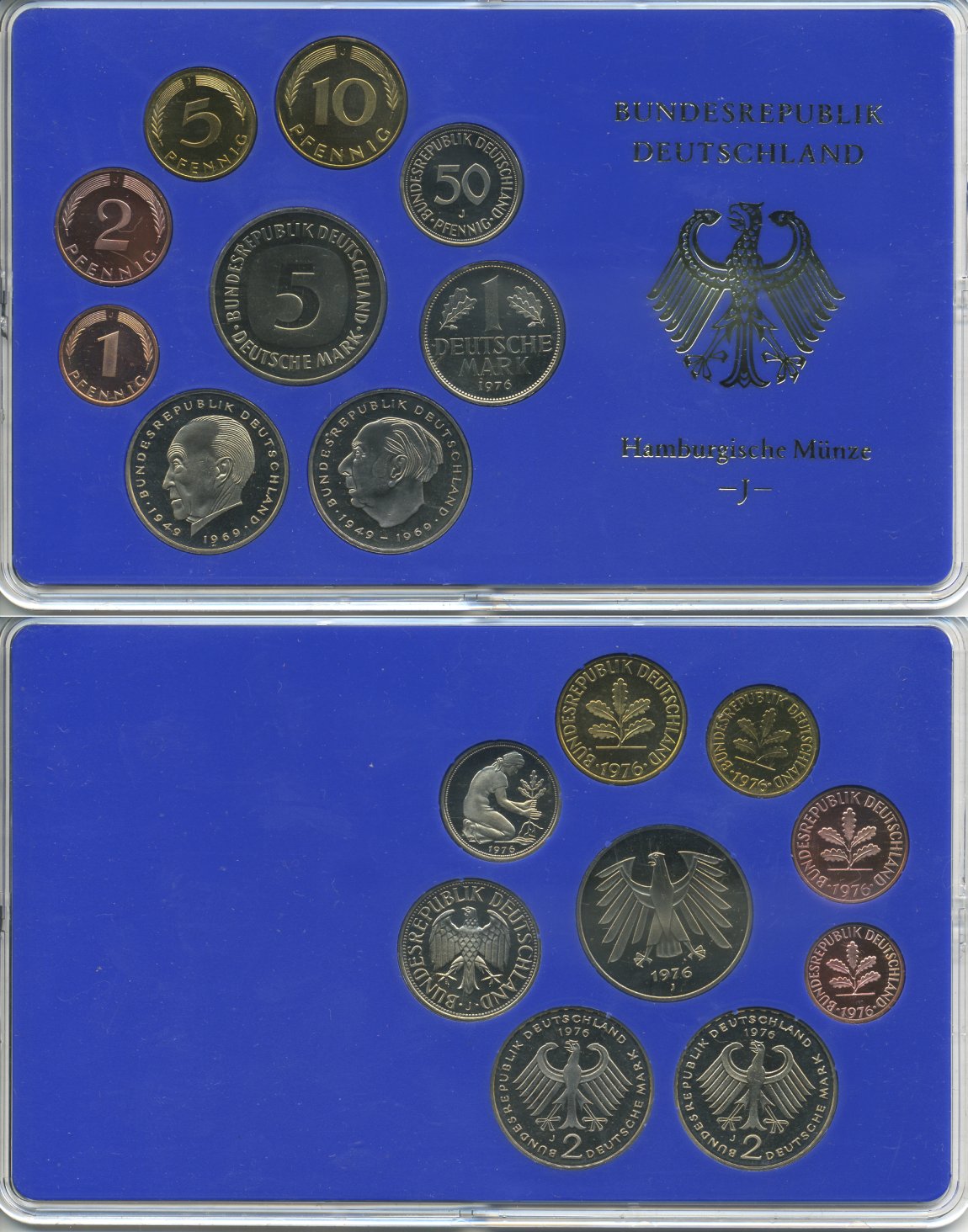 ФРГ набор из 9 монет 1976 J, официальный государственный набор, в пластике    PROOF 00-00