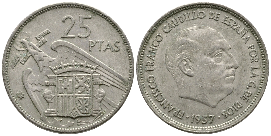 ИСПАНИЯ 25 ПЕСЕТ 1957 (68) ФРАНСИСКО ФРАНКО ДИКТАТОР ИСПАНИИ (1939-1975) KM 787 медно-никель 4364-4211