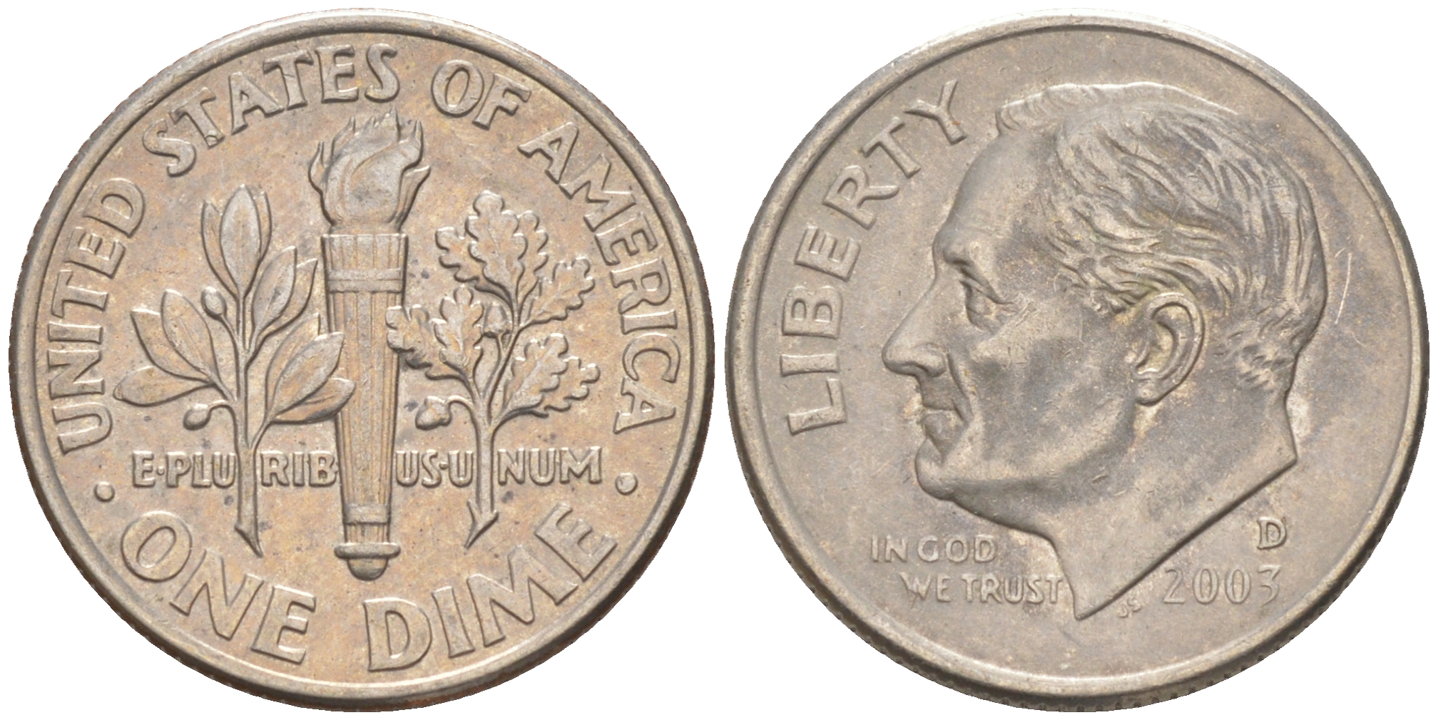 США 10 ЦЕНТОВ = 1 ДАЙМ 2003 D, РУЗВЕЛЬТ KM 195a медь плакированная медно-никелем UNC 187-1124