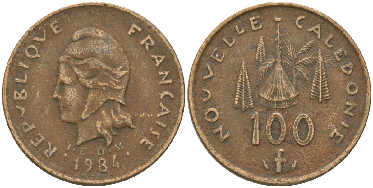 Французская Новая Каледония 100 франков 1984 хижина среди сосен и пальм, (IEOM) KM 15, Schoen 16, Lec 134 никель латунь 4137-824