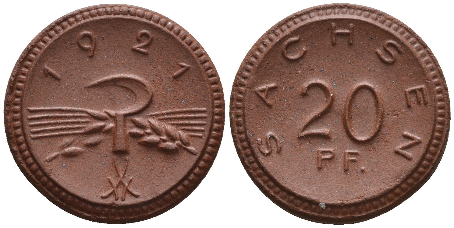 Саксония 20 пфеннигов 1921 колосья и серп J. N 53 фарфор UNC 1094-8-15