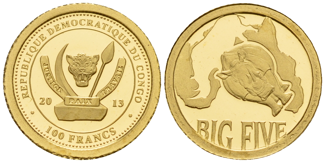 Конго 100 франков 2013 серия большая пятерка, носорог золото PROOF 00-804-31