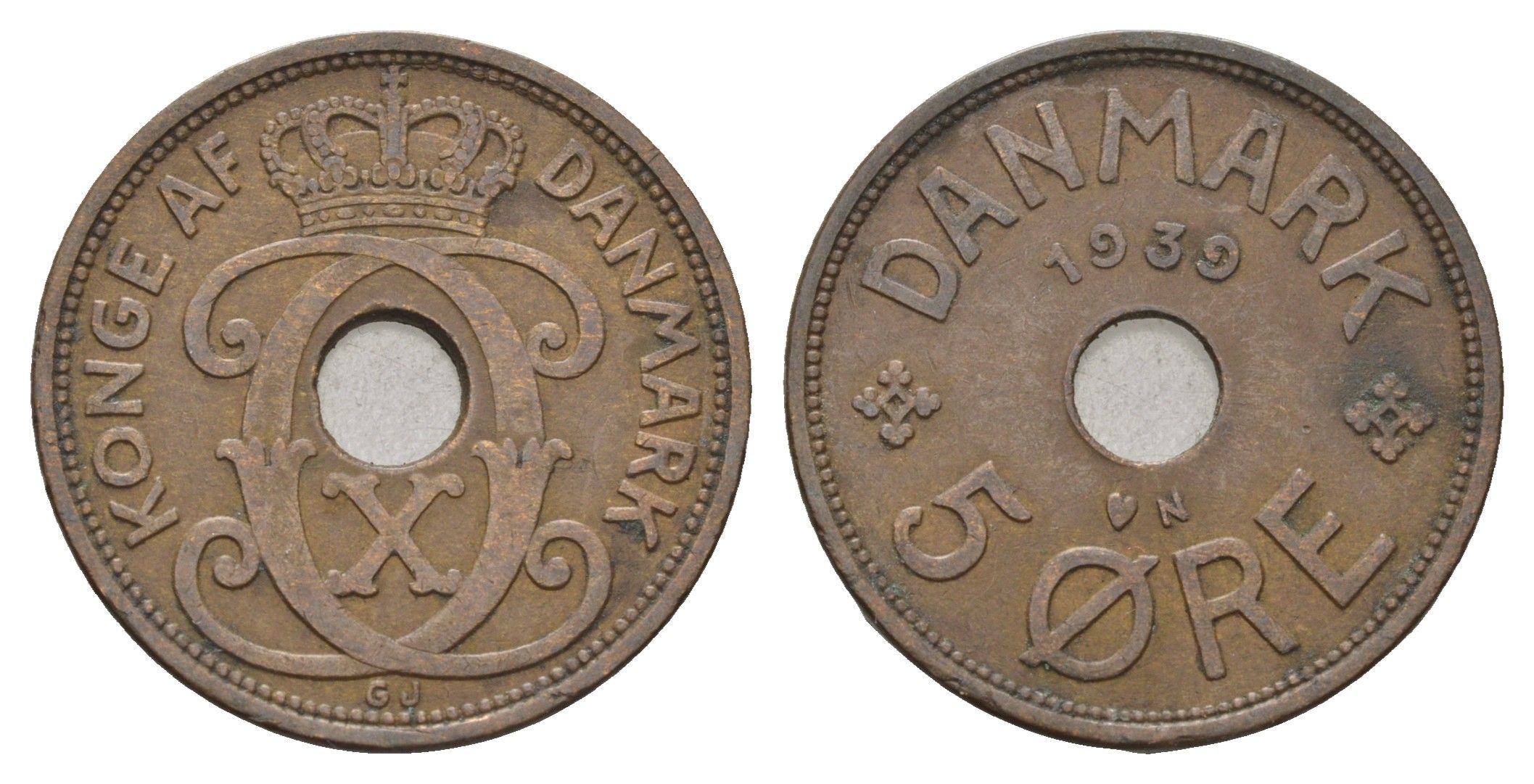 Дания 5 эре 1939 N, Кристиан X (1912-1947) KM 828 бронза 4700-851