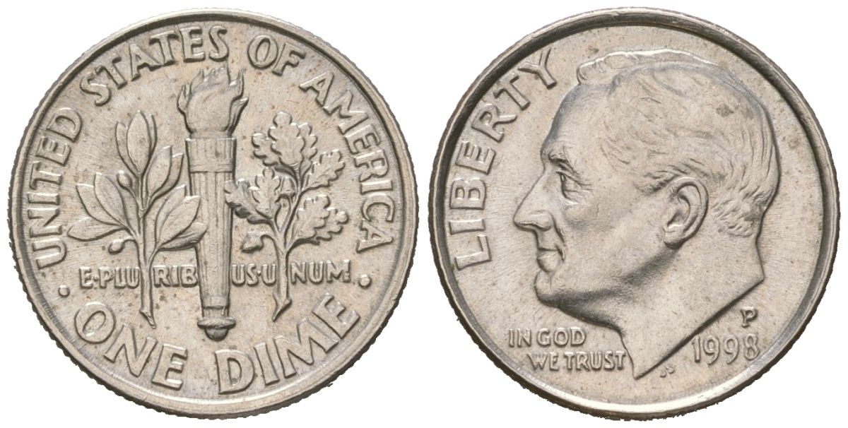 США 10 центов (дайм) 1998 P, президент Рузвельт KM 195a медь плакированная медно-никелем UNC 218-226
