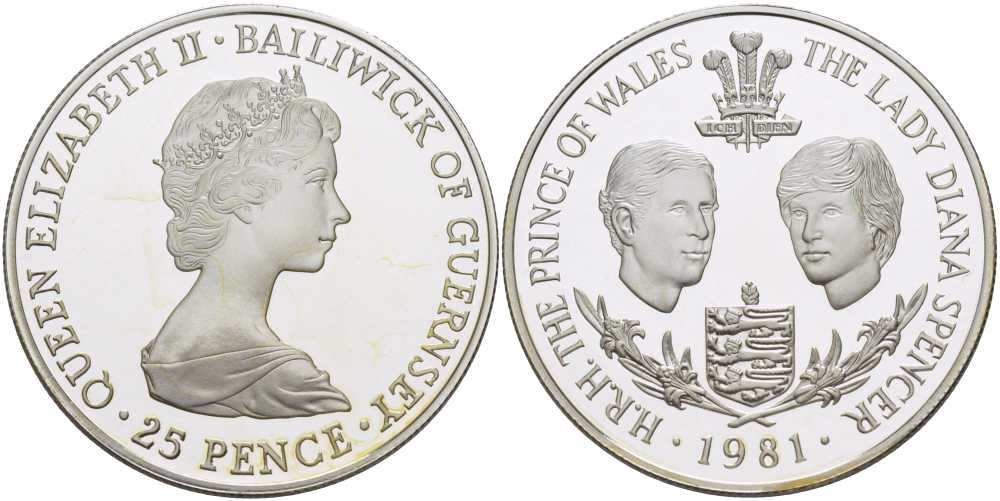 Гернси 25 пенсов 1981 свадьба принца Чарльза Уэльского и леди Дианы, в оригинальной коробке KM 36 а серебро PROOF 6-5-3-29