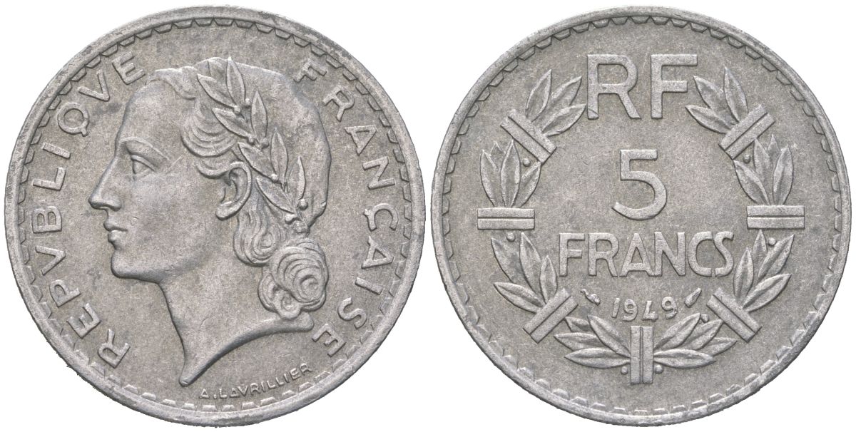 Франция 5 франков 1949 закрытая 9 KM 888b.1, Le Franc 339 алюминий 4599-134