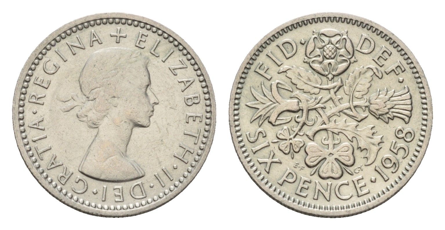 Великобритания 6 пенсов 1958 Елизавета II (1952-2022) KM 903, Spink 4149 медно-никель 4651-1157