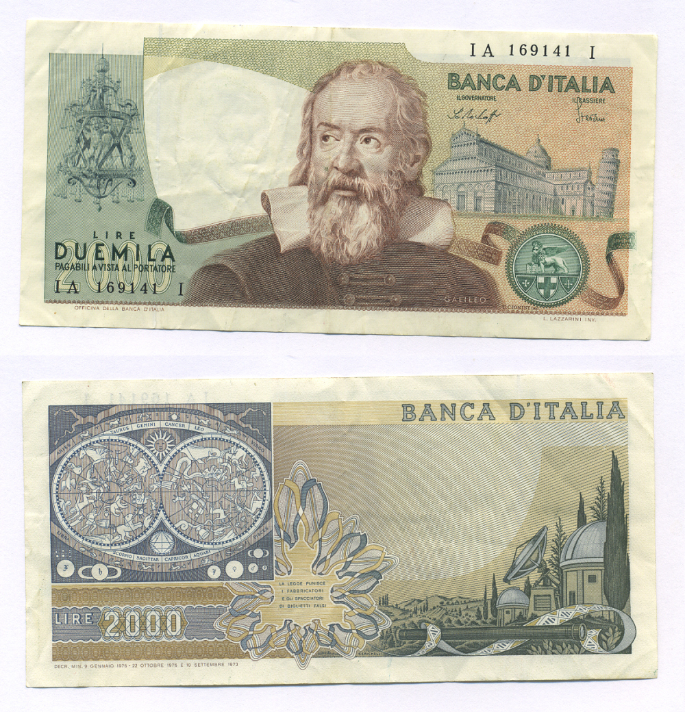 Италия 2000 лир 1973 Галилео, Пизанская башня Pick 103а бумага 7146-21-1-2