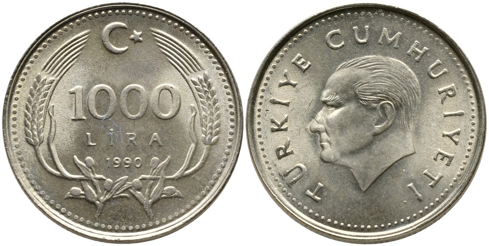 Турция 1000 лир 1990 Кемаль Ататюрк KM 997 медь никель цинк 4541-451